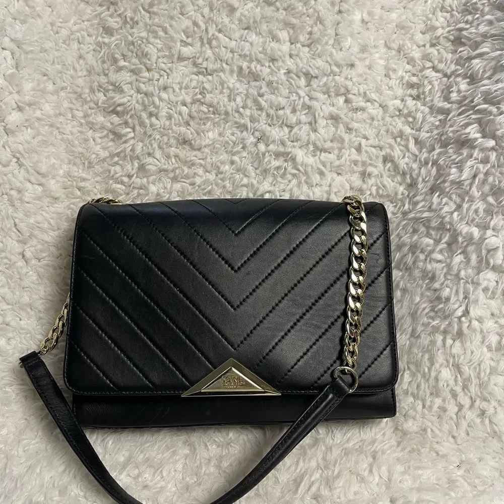 Karl Lagerfeld Purse Womens Black Quilted Shoulder Bag Gold tone Chain Strap